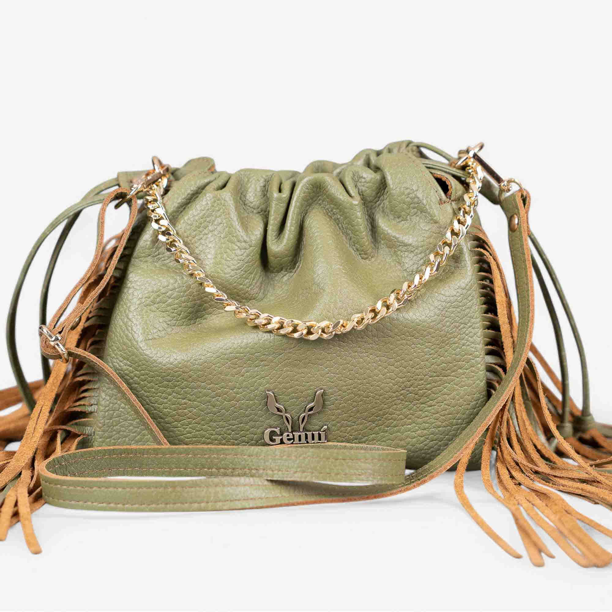 Green leather fringe shoulder bag