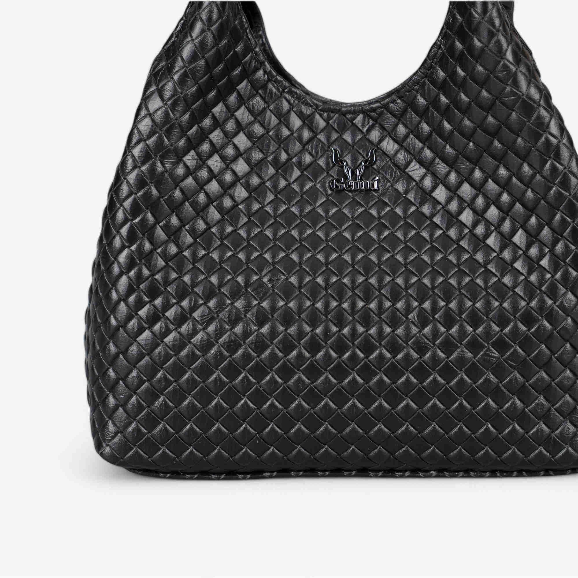 Black leather handbag with basket-embossed texture