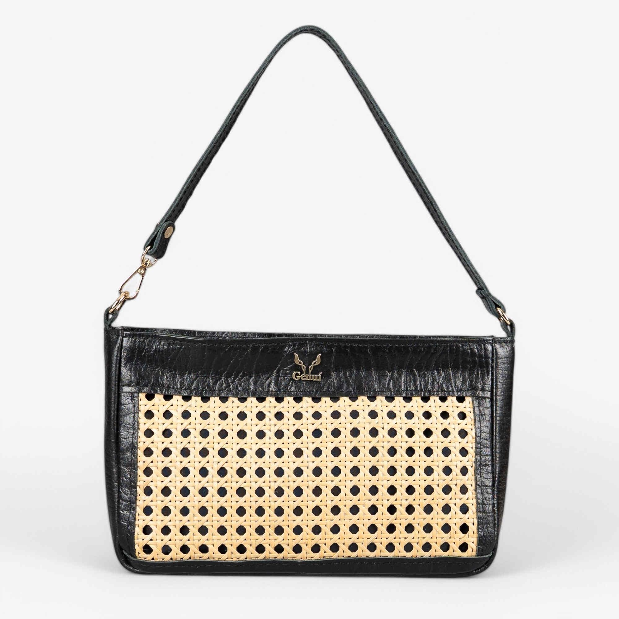 Black leather wristlet with straw detail