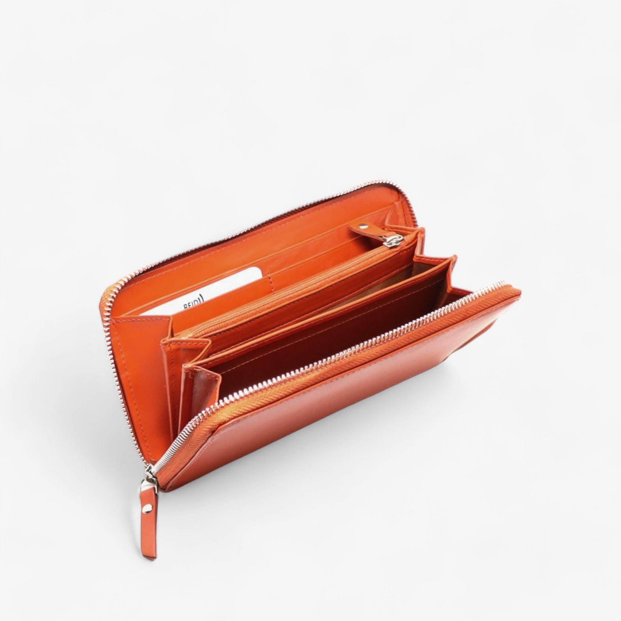 Orange women's leather wallet with RFID protection