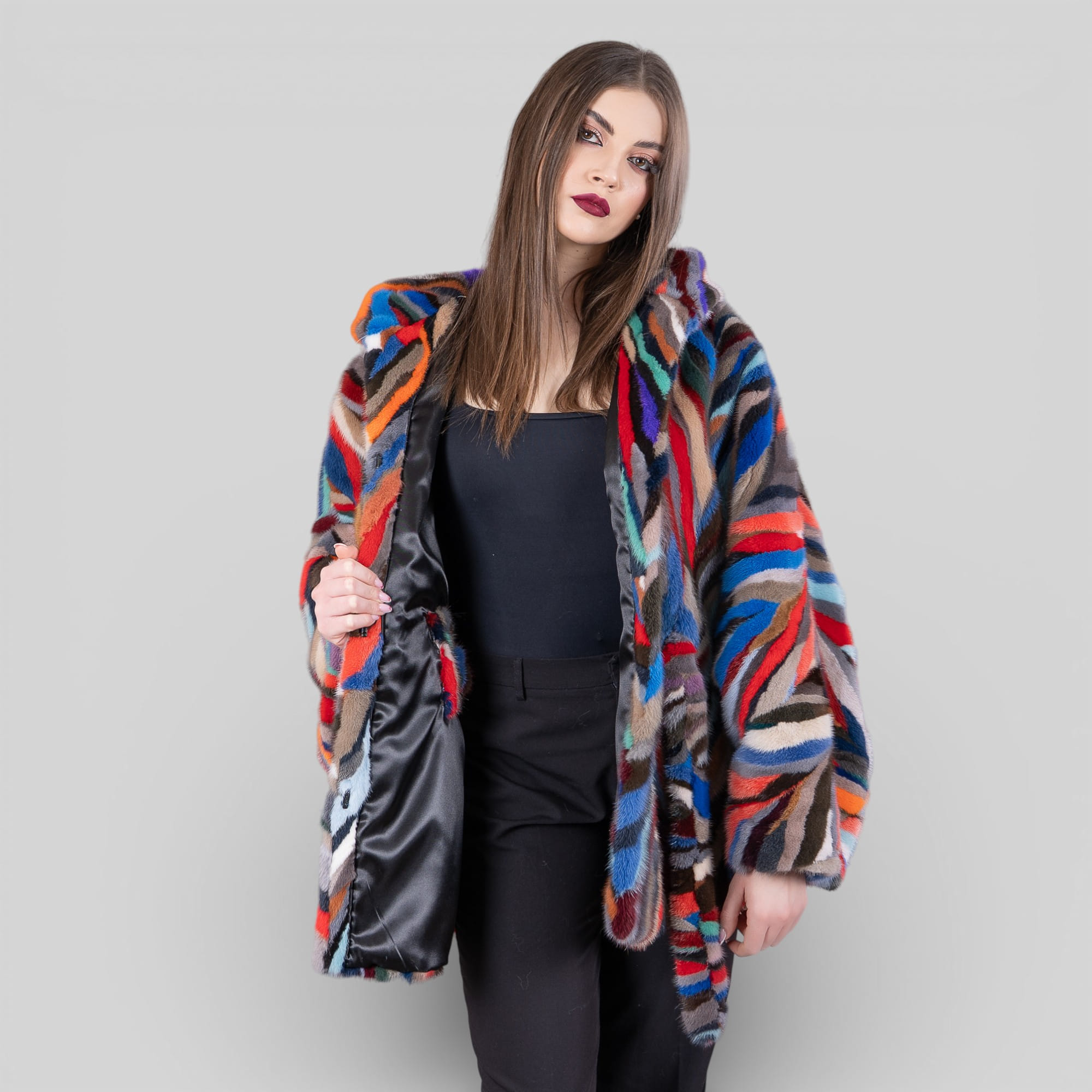Multicolor mink fur cape with hood