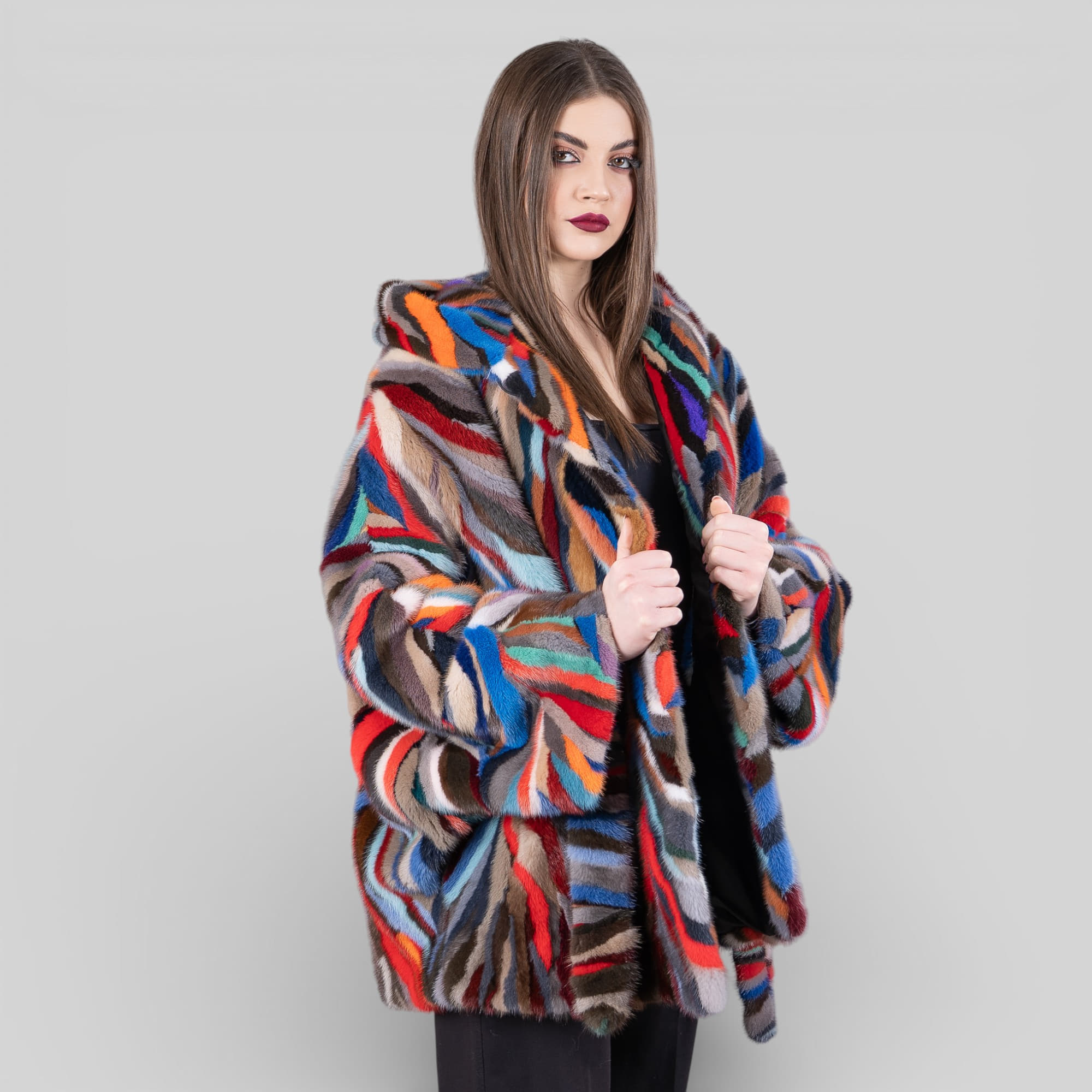 Multicolor mink fur cape with hood