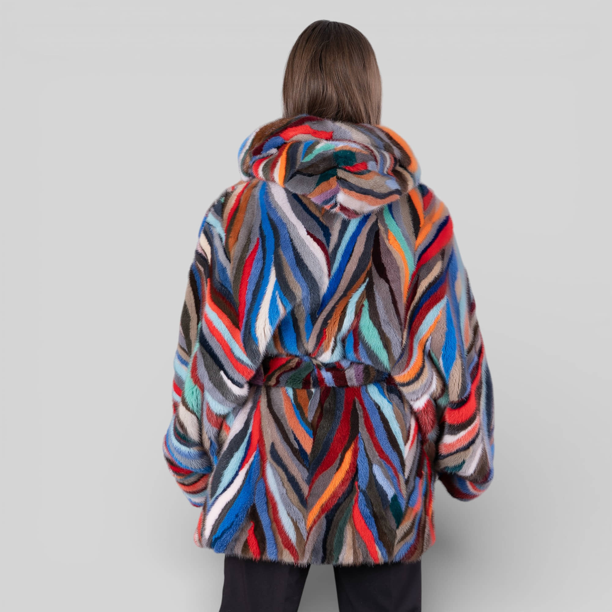 Multicolor mink fur cape with hood