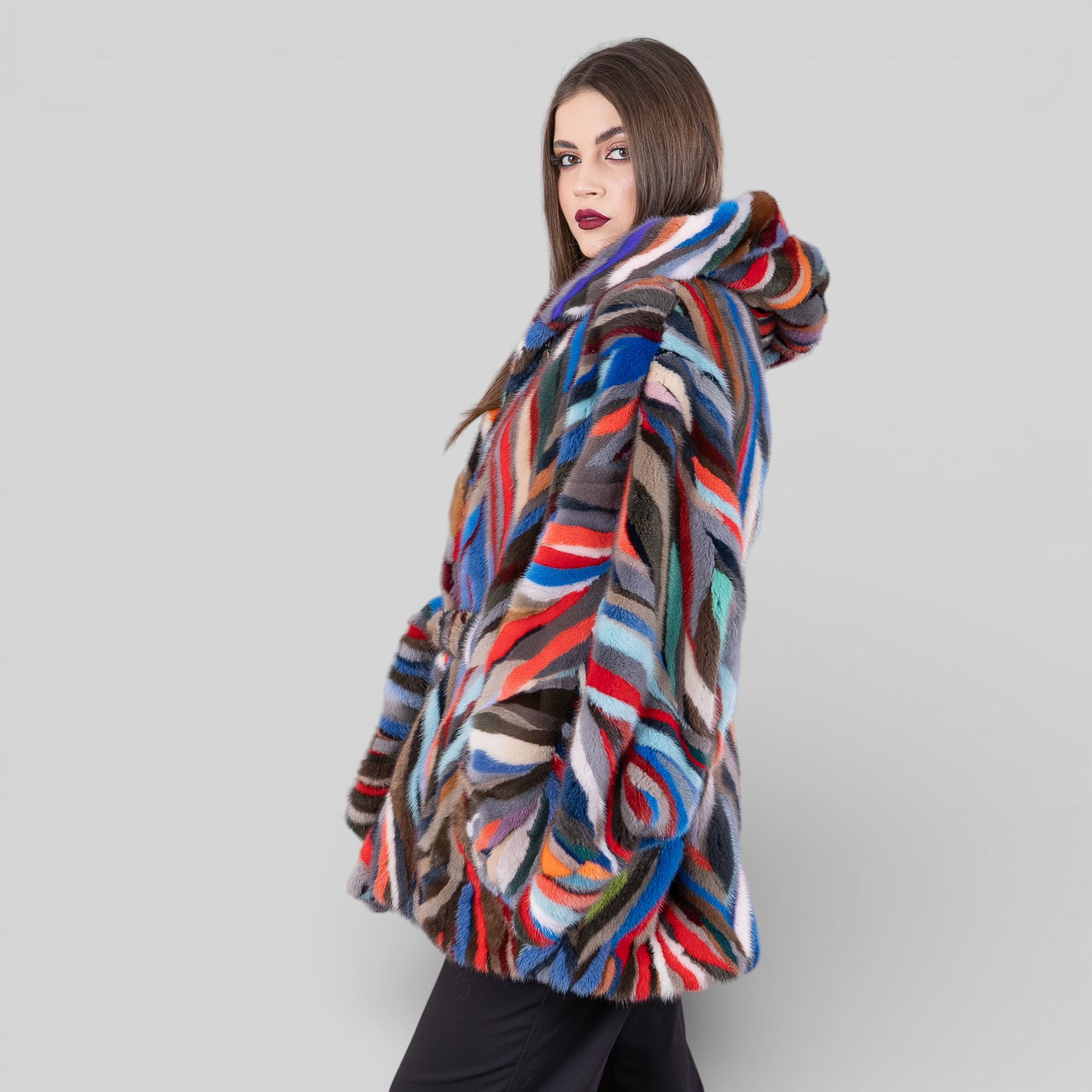 Multicolor mink fur cape with hood
