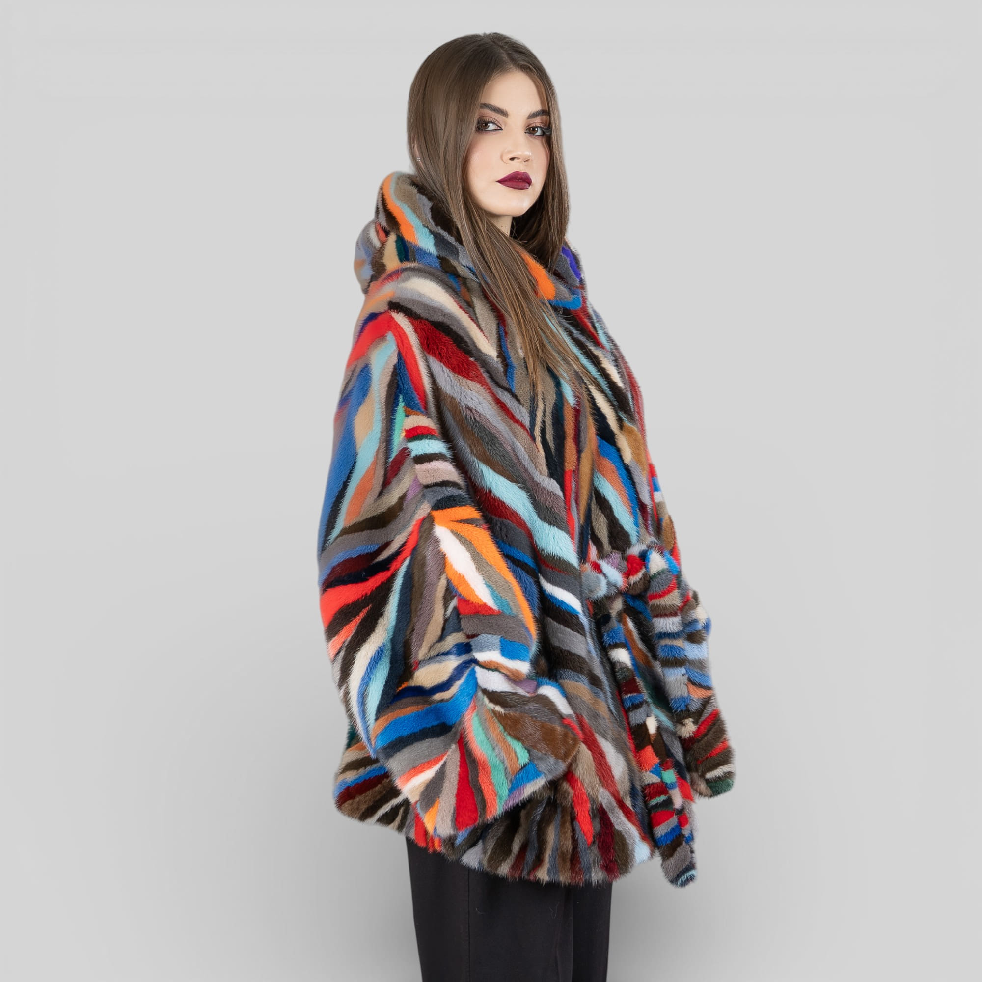 Multicolor mink fur cape with hood